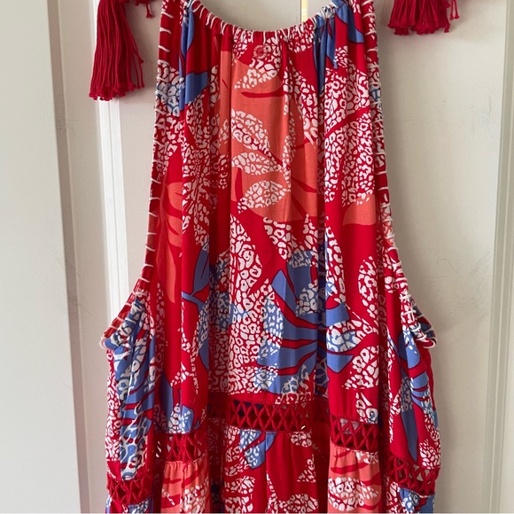 Red Carter Red Floral Tiered Halter Top Maxi Cover-Up Dress Size Large - Picture 3 of 15